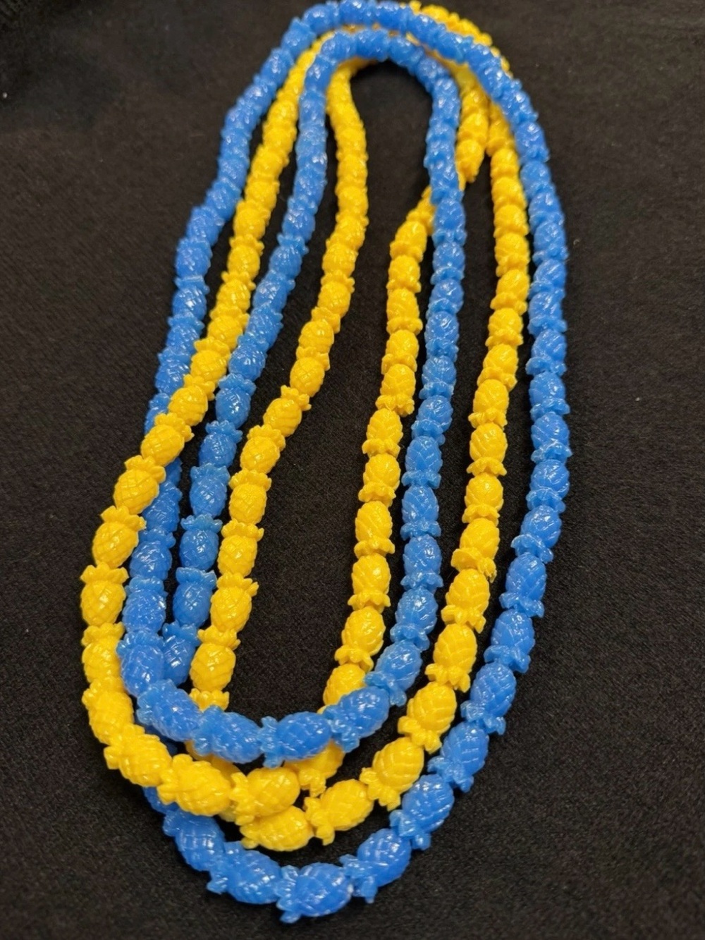 Vintage Hawaiian Luau Pineapple Beaded Necklaces Blue & Yellow 48” plastic beads